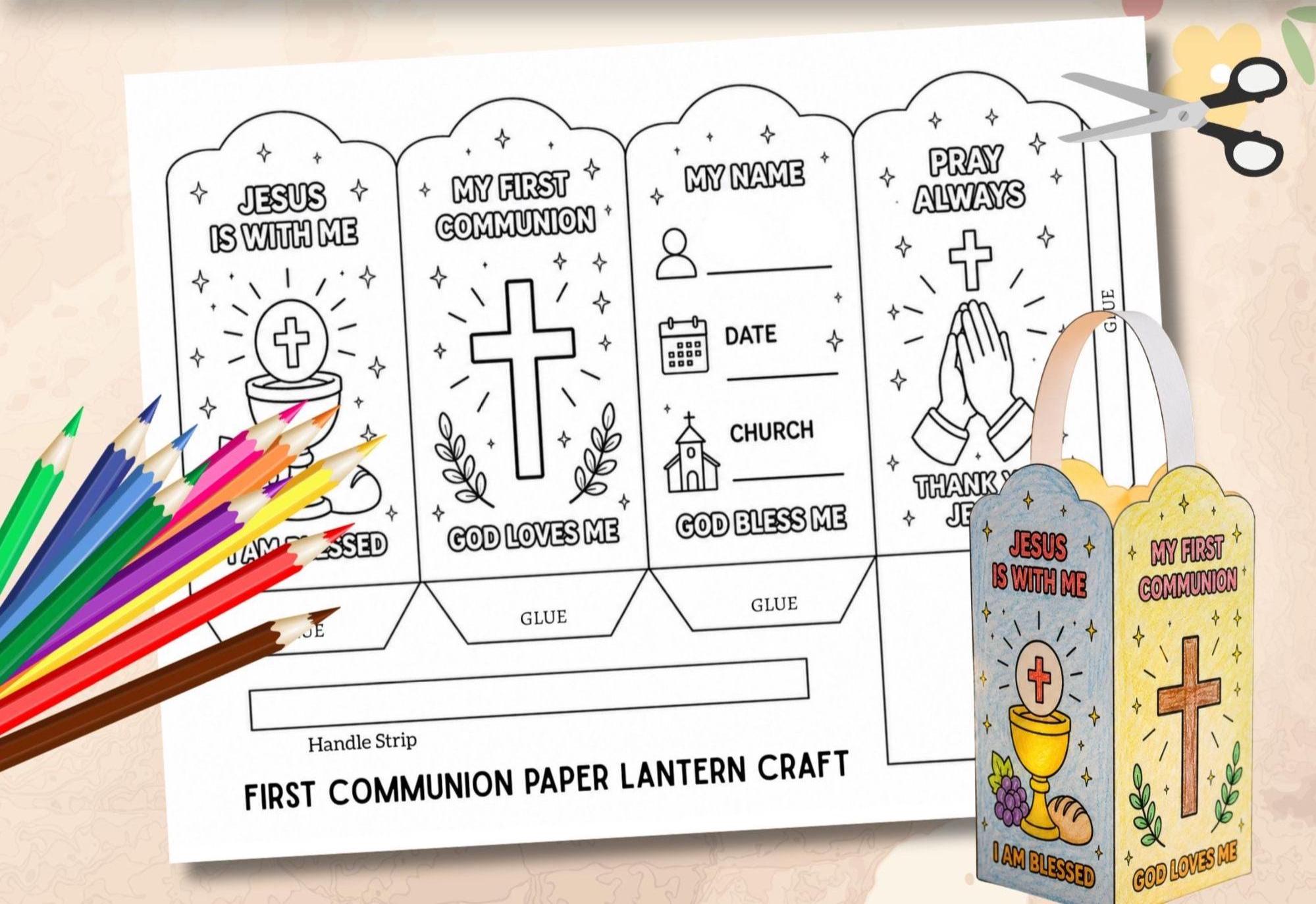 First Communion Prayer Lantern Craft for Kids, Coloring Activity ...