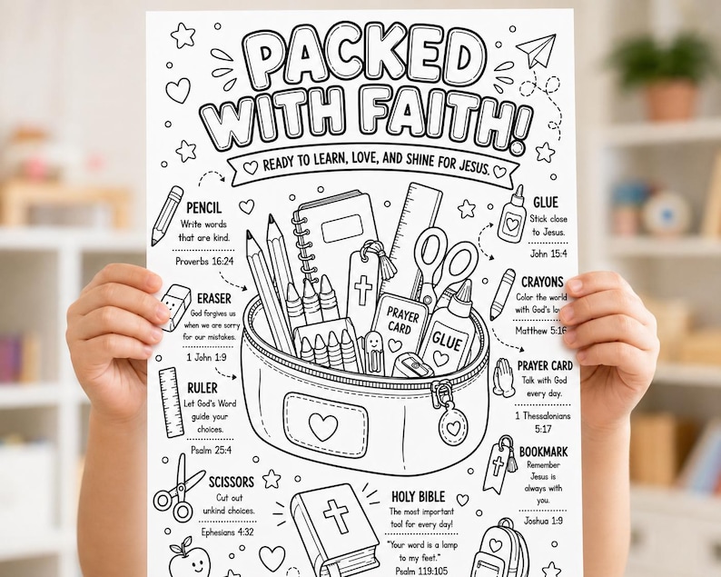May include: A black and white coloring sheet titled PACKED WITH FAITH! READY TO LEARN, LOVE, AND SHINE FOR JESUS. The page features illustrations of school supplies like a pencil case, crayons, scissors, and a Bible, each labeled with religious text.