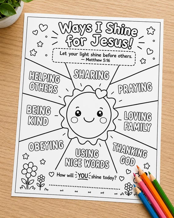 Christian Coloring Page for Kids, Ways I Shine for Jesus, Let Your Light Shine, Bible Verse Activity Printable, VBS, Sunday School Worksheet