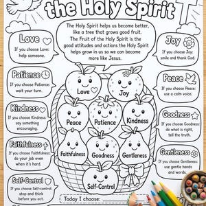 May include: A black and white coloring page titled The Fruit of the Holy Spirit featuring a basket filled with smiling fruits labeled with virtues like Love, Joy, and Patience, surrounded by text boxes explaining each trait and a prayer.