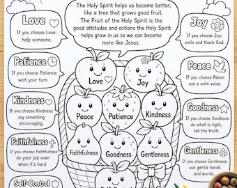 May include: A black and white coloring page titled The Fruit of the Holy Spirit featuring a basket filled with smiling fruits labeled with virtues like Love, Joy, and Patience, surrounded by text boxes explaining each trait and a prayer.