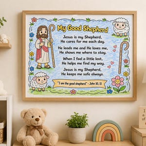 Może przedstawiać: Oprawiony wydruk z tekstem "My Good Shepherd" i wierszem. Ilustracja przedstawia Jezusa z kreskówek z laską, dwoma owcami i kolorowymi kwiatami. Rama jest w kolorze jasnobrązowym.