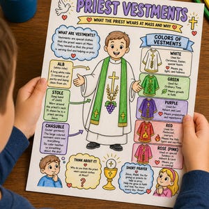 May include: A colorful educational poster titled "Priest Vestments" shows a cartoon priest in vestments, with explanations of vestment colors and their meanings. The poster is held by a child, with colored pencils in a blue cup in the background.