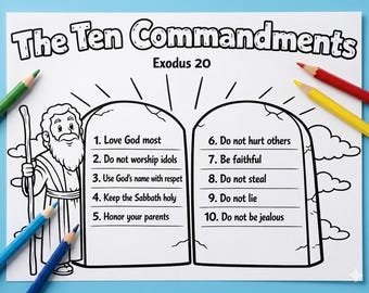 Página para colorear de los Diez Mandamientos para niños / Actividad bíblica de Moisés para imprimir / Hoja de trabajo para la escuela dominical / Hoja para colorear cristiana