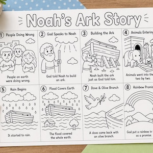 May include: Black and white illustrated children's story titled "Noah's Ark Story". The story is divided into eight panels, depicting scenes from the biblical narrative. Colored pencils are arranged around the page.