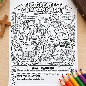 May include: A black and white coloring page titled The Greatest Commandment Matthew 22:34-40. It features illustrations of Jesus teaching, two circular panels labeled 1. Love God and 2. Love Your Neighbor, and text prompts for reflection.