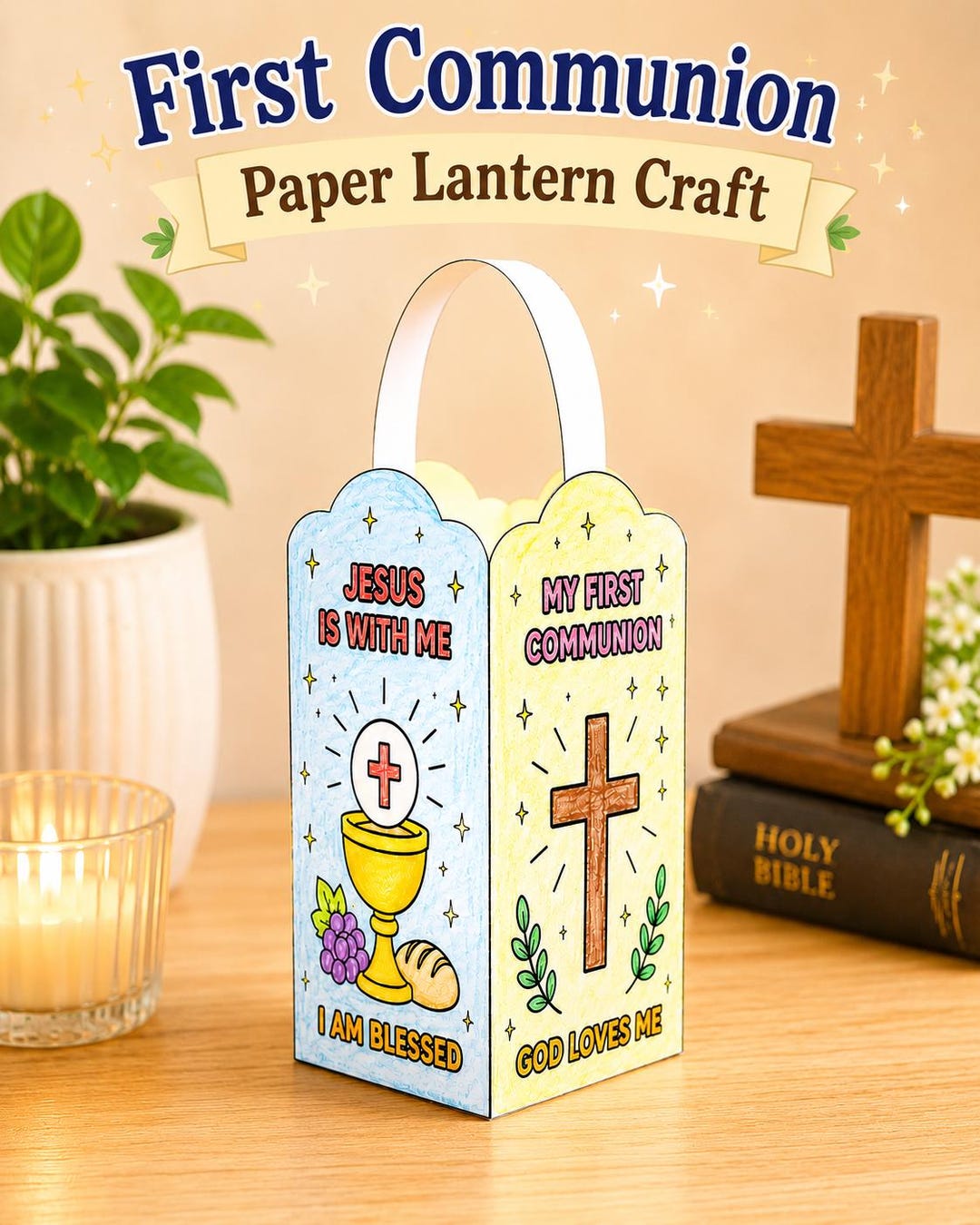 First Communion Prayer Lantern Craft for Kids, Coloring Activity ...