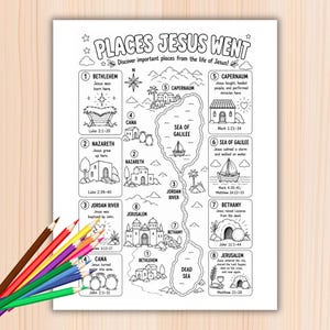 May include: A black and white printable activity sheet titled PLACES JESUS WENT featuring a map of eight locations including Bethlehem, Nazareth, and Jerusalem, accompanied by a set of coloured pencils positioned at the bottom left corner.