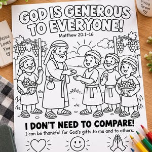 May include: A black and white coloring page featuring the text GOD IS GENEROUS TO EVERYONE! Matthew 20:1-16, with an illustration of a person distributing coins to others in a vineyard, and the text I DON'T NEED TO COMPARE! I can be thankful for God's gifts.