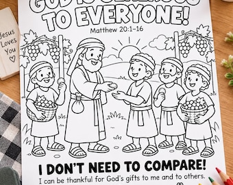 God Is Generous to Everyone Coloring Page, Workers in the Vineyard Bible Activity, Matthew 20:1-16, Sunday School, Homeschool Printable