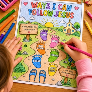 Op de afbeelding: Een kind kleurt een kleurplaat "Ways I Can Follow Jesus" met kleurpotloden. De pagina toont een pad met voetstappen met de labels "Bid", "Liefde", "Anderen helpen", "Delen", "Vergeven" en "Vertrouw Jezus".