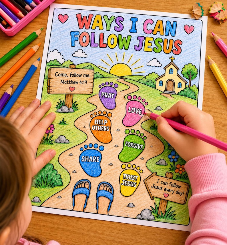 Op de afbeelding: Een kind kleurt een kleurplaat "Ways I Can Follow Jesus" met kleurpotloden. De pagina toont een pad met voetstappen met de labels "Bid", "Liefde", "Anderen helpen", "Delen", "Vergeven" en "Vertrouw Jezus".