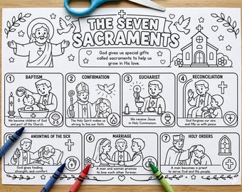 Los siete sacramentos para niños (imprimible) / Página para colorear y aprendizaje / Primera comunión / Clases sacramentales