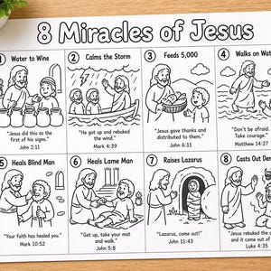 Può includere: Un foglio da colorare bianco intitolato 8 Miracles of Jesus con otto illustrazioni in bianco e nero con didascalie e riferimenti biblici, circondato da matite colorate in blu, verde, giallo, rosso, arancione, rosa, viola e azzurro.