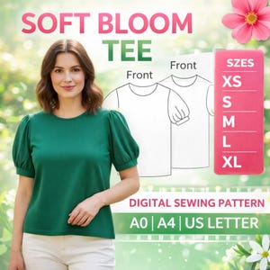 ソフトブルームTシャツの型紙｜パフスリーブトップス、フェミニンなスタイル（デジタルダウンロード）