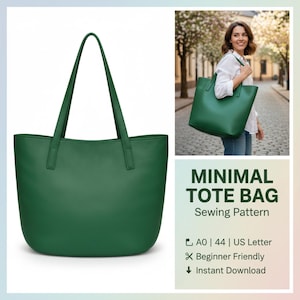 May include: A green tote bag with long handles. The bag is featured in a product photo and also being carried by a person. The text "MINIMAL TOTE BAG Sewing Pattern" is displayed. The pattern is beginner friendly and available for instant download.