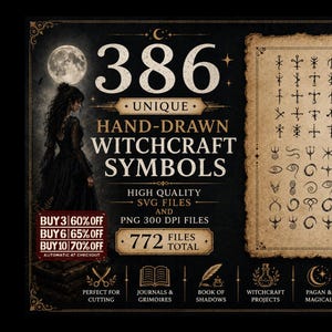Puede incluir: Una colección digital de 386 símbolos de brujería dibujados a mano sobre un fondo de estilo pergamino. La imagen presenta la silueta de una persona, una luna llena y texto que incluye 386 UNIQUE HAND-DRAWN WITCHCRAFT SYMBOLS y 772 FILES TOTAL.