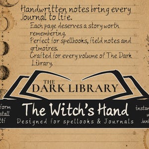 May include: A digital font display titled The Witch's Hand by The Dark Library, featuring a vintage parchment background with lined paper, moon phase illustrations, and botanical sketches. The text includes promotional details for a downloadable font.
