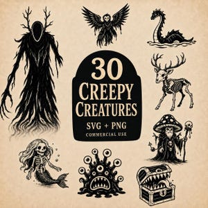 Cryptiden SVG PNG-bundel, griezelige wezens en mythische monsters, gotische horrorclipart, Cricut lasersnijbestanden