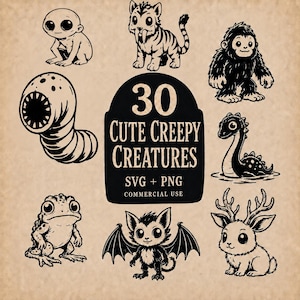 Bundel met schattige Cryptiden SVG- en PNG-bestanden, Kawaii Gotische Creepy Creatures Clipart, Leuke Monsters, Cricut Laser Cut Files