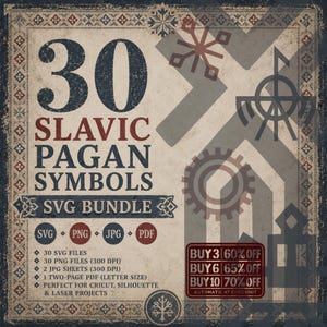 Może przedstawiać: Cyfrowa grafika z napisem 30 SLAVIC PAGAN SYMBOLS SVG BUNDLE o postarzałej fakturze. Projekt zawiera różne geometryczne i starożytne symbole, ozdobną ramkę oraz listę formatów plików, w tym SVG, PNG, JPG i PDF.