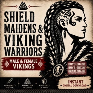 Könnte beinhalten: Eine digitale Grafik mit einer Profilillustration eines Kriegers mit geflochtenem Haar und rasiertem Kopf mit Stammesmustern. Der Text lautet SHIELD MAIDENS & VIKING WARRIORS, MALE & FEMALE VIKINGS und INSTANT DIGITAL DOWNLOAD, mit einem Valknut-Symbol.
