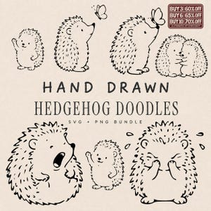 Pode incluir: Uma coleção digital de rabiscos de ouriços desenhados à mão em preto e branco com várias poses, incluindo ouriços com borboletas, acenando, bocejando e chorando. O texto diz HAND DRAWN HEDGEHOG DOODLES SVG + PNG BUNDLE.