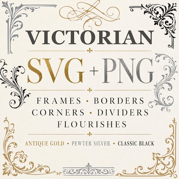 Paquete de 80 marcos victorianos en formato SVG y PNG, bordes decorativos, esquinas, divisores, adornos y clipart vintage ornamentado.
