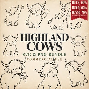 Pode incluir: Um pacote de gráficos digitais com ilustrações de linhas pretas de vacas Highland em um fundo bege claro. O texto diz HIGHLAND COWS SVG & PNG BUNDLE COMMERCIAL USE. Existem oito ilustrações distintas de vacas em várias poses.
