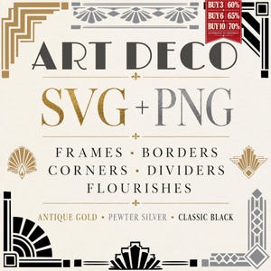 Peut inclure: Un ensemble de graphismes numériques comprenant des éléments de style Art Déco tels que des cadres, bordures, coins, séparateurs et fioritures en or antique, argent étain et noir classique. Le texte indique ART DECO SVG + PNG, FRAMES, BORDERS, CORNERS, DIVIDERS, FLOURISHES, ANTIQUE GOLD, PEWTER SILVER, CLASSIC BLACK.