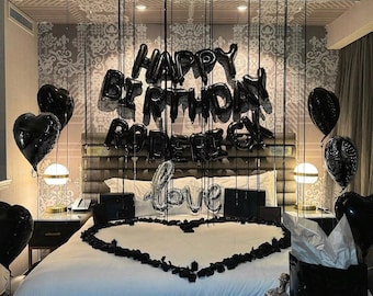 526pcs Black Birthday Balloon Set with 500 Black Rose Petals 16 Inch Happy Birthday Foil Letter Balloons Party Decoration
