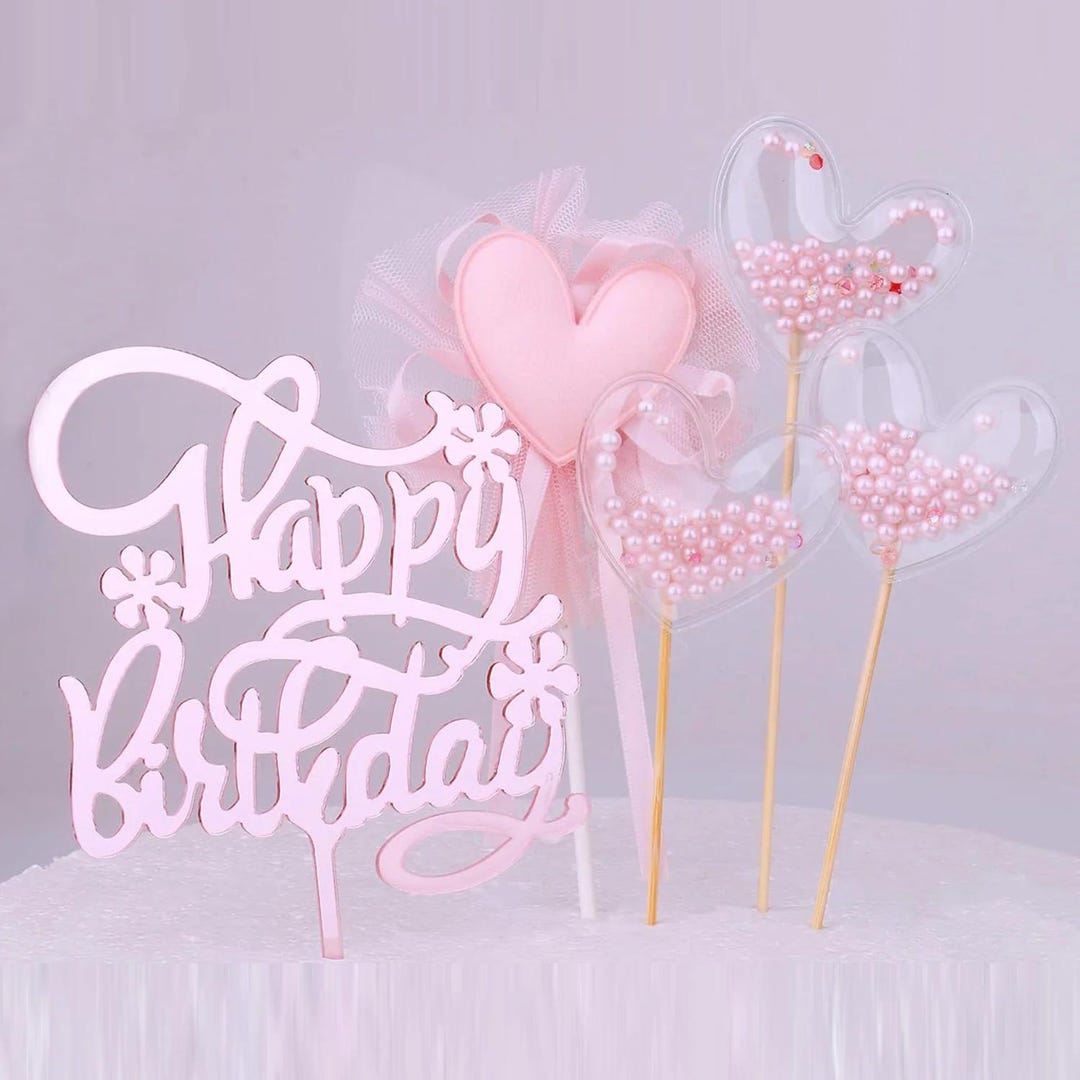 Rose Gold Happy Birthday Cake Topper Heart Pink Pearl Cupcake Toppers ...