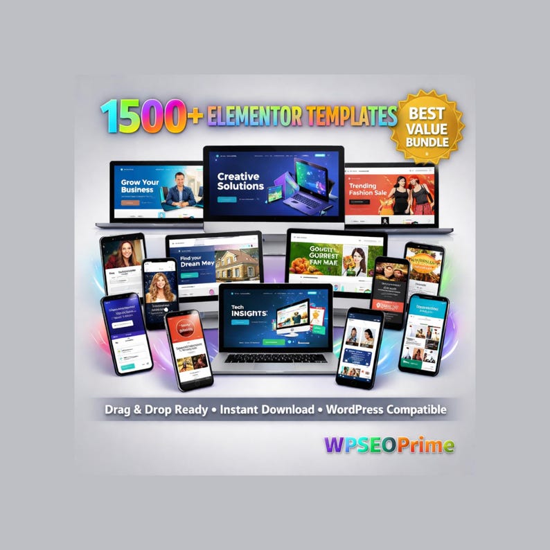 May include: A promotional image showcasing a collection of Elementor templates displayed on various devices, including laptops and smartphones. The image features the text "1500+ Elementor Templates" and "Best Value Bundle."