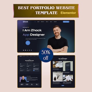 May include: A promotional image for a portfolio website template. The image features a website design with the text "I Am Zhack App Designer" and a man. The image also includes the text "50% off".