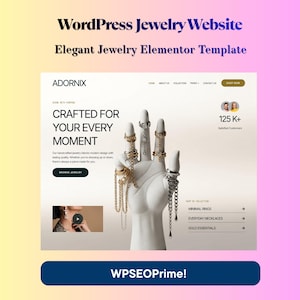 May include: A website design for a jewelry business, featuring the text "WordPress Jewelry Website" and "Elegant Jewelry Elementor Template." The website showcases rings and necklaces on a hand sculpture. The website also includes the text "CRAFTED FOR YOUR EVERY MOMENT."
