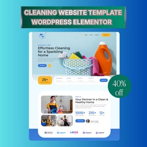 May include: A website template for cleaning services, featuring a light blue and white design. The design includes an orange bottle, cleaning supplies, and the text "Effortless Cleaning for a Sparkling Home." The template also includes a 40% off promotion.