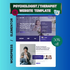 May include: A website template for psychologists and therapists, featuring a clean design with a blue and white color scheme. The template includes sections for life coaching, psychological counseling, and corporate programs. The text reads "The Expertise Of Life Coaching And Psychological."