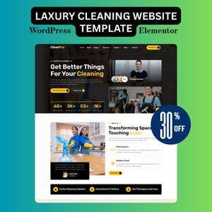 Peut inclure: Modèle de site web pour un service de nettoyage, avec un design épuré en noir et jaune. Le site web présente des images de professionnels du nettoyage et propose une réduction de 30%. Le texte comprend "Get Better Things For Your Cleaning."