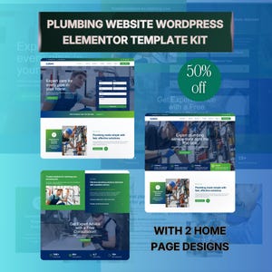May include: Promotional image for a plumbing website WordPress Elementor template kit. The design features four website mockups with green and blue accents, showcasing plumbing services. Text includes "50% off" and "With 2 Home Page Designs."