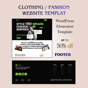 Op de afbeelding: Een website template design voor kleding en mode, met een zwart en groene lay-out. De tekst luidt "STYLE THAT SPEAKS FASHION AT INSPIRES". Het is een WordPress Elementor template, met tot 50% korting.