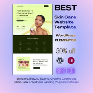 Puede incluir: Anuncio de una plantilla de sitio web para el cuidado de la piel. El diseño presenta a una mujer sosteniendo un tarro de crema, con el texto "BEST Skin Care Website Template" y "50% off." La plantilla es para WordPress y Elementor.