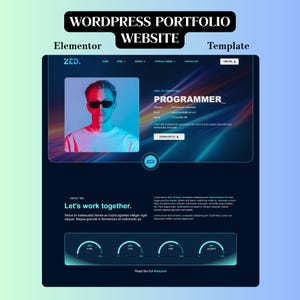 May include: A dark blue WordPress portfolio website template with the text "WORDPRESS PORTFOLIO WEBSITE Template" at the top. The template includes a photo of a person, the word "PROGRAMMER", and the text "Let's work together."