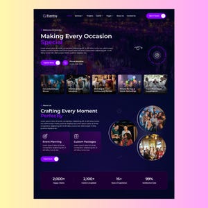 Pode incluir: Design de site com fundo gradiente roxo e azul. O site promove serviços de planejamento de eventos, com seções para shows, casamentos, aniversários e reuniões sociais. O texto inclui "Making Every Occasion Special" e "Crafting Every Moment Perfectly."