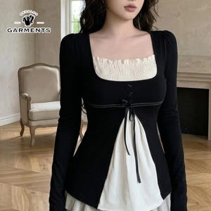 Camiseta de manga larga con lazo / Top ajustado con retazos / Estilo streetwear vintage / Tendencia Y2K