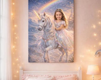 Custom Unicorn Princess Canvas, Personalized Girl Wall Art, Daughter Birthday Gift