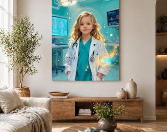 Personalized Doctor Canvas, Custom Kids Portrait Medical Wall Art, Future Doctor Gift, Nurse Scrubs Kids Room Decor, Custom Photo Canvas