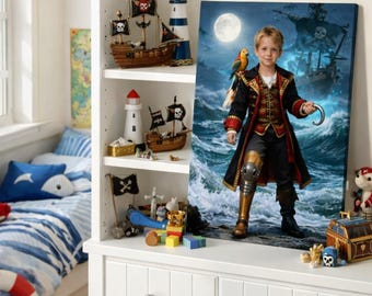 Custom Child Pirate Portrait Canvas, Personalized Adventure Wall Art