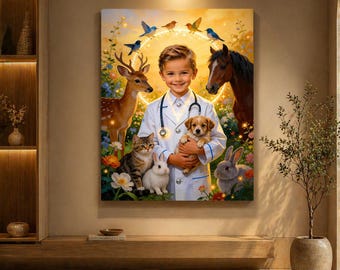 Personalized Veterinarian Canvas, Custom Kids Portrait Animal Lover Wall Art, Future Vet Gift, Kids Pet Doctor Room Decor
