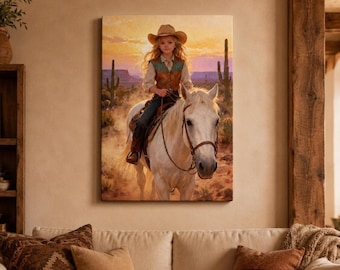 Personalized Cowgirl Canvas Wall Art, Custom Girl Riding Horse Portrait, Western Cowgirl Bedroom Decor, Rustic Horse Lover Gift