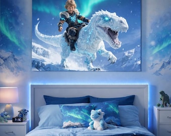 Personalized Ice Dinosaur Canvas, Custom Kids Portrait Riding T Rex Wall Art, Fantasy Adventure, Custom Photo Canvas, Kids Room Decor Gift